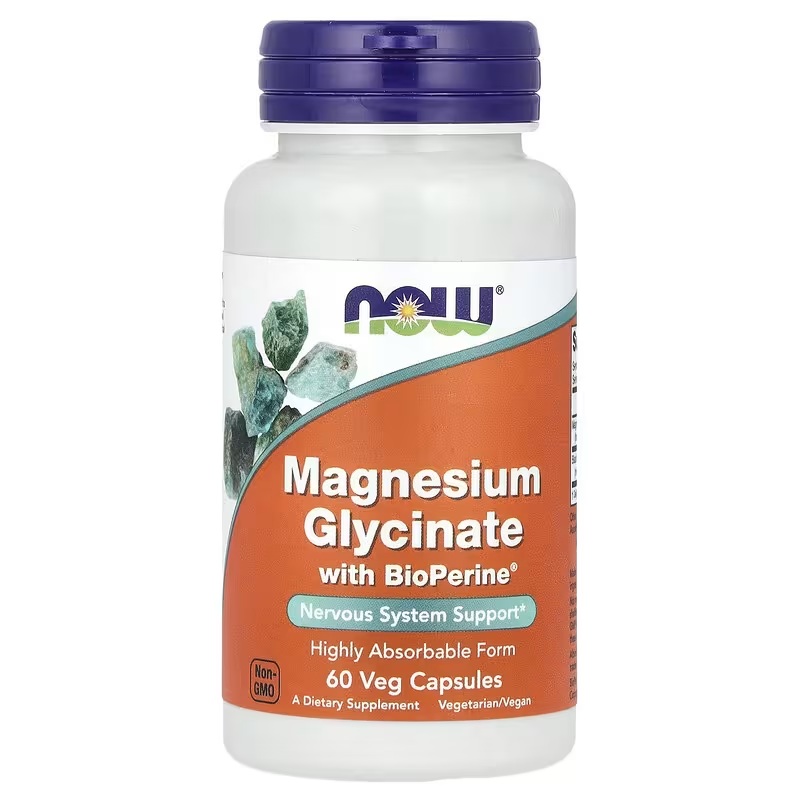 Магний глицинат с биоперином, 200 мг, Magnesium Glycinate With BioPerine, Now Foods, 60 вегетарианских капсул