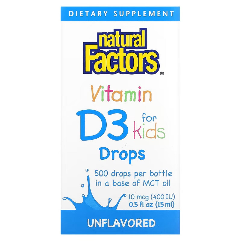 Витамин D3 в каплях для детей, 400 МЕ, Без ароматизаторов, Vitamin D3 Drops, Natural Factors, 15 мл