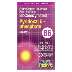 Пиридоксаль 5'-фосфат, витамин B6, 50 мг, BioCoenzymated, B6, Pyridoxal 5'-Phosphate, Natural Factors, 30 вегетарианских капсул