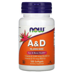 Витамин А и Д, A&D, Essential Nutrition, Now Foods, 10,000 / 400 МЕ, 100 желатиновых капсул