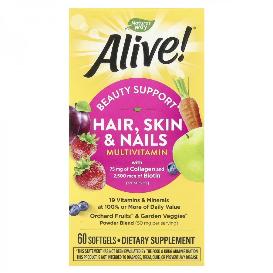 Мультивітаміни для волосся, шкіри та нігтів, смак полуниці, Alive! Hair, Skin & Nails Multi-Vitamin, Nature's Way, 60 гелевих капсул