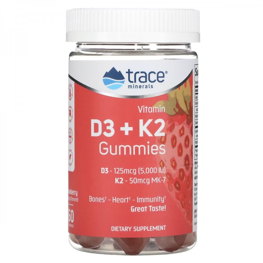 Вітамін D3 і K2, смак полуниці, Vitamin D3 + K2 Gummies, Trace Minerals, 60 жувальних цукерок