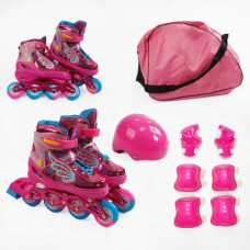 Ролики с защитой размер 35-38 (6) цвет Розовый, колеса PU, ПЕРЕДНЕЕ КОЛЕСО СВЕТ, стелька 21-24 см, d колес – 6.5 см, в сумке