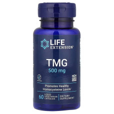 Триметилглицин, TMG, Life Extension, 1000 мг, 60 жидких вегетарианских капсул (500 мг в капсуле)