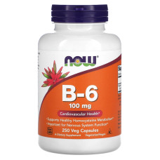Витамин В6, Vitamin B-6, Now Foods, 100 мг, 250 вегетарианских капсул