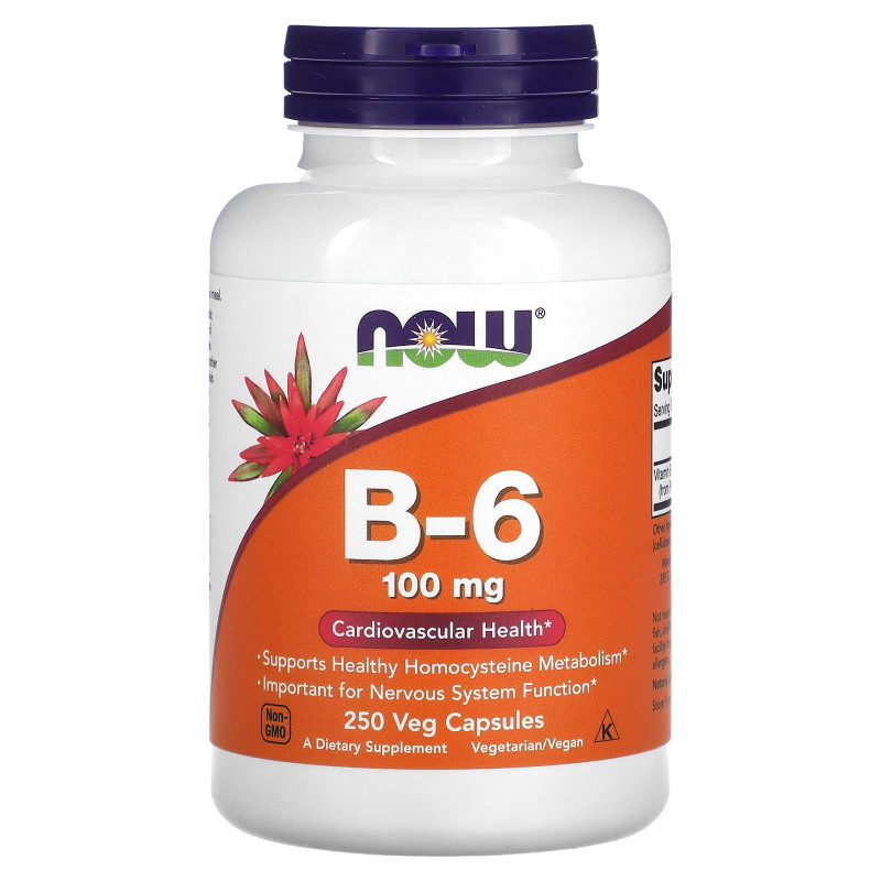 Витамин В6, Vitamin B-6, Now Foods, 100 мг, 250 вегетарианских капсул