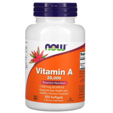 Вітамін А, Vitamin A, Now Foods, 7500 мкг (25000 МО), 250 гелевих капсул