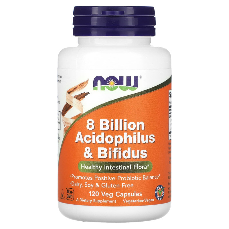 Пробіотик, Acidophilus & Bifidus, NOW Foods, 8 млрд КУО, 120 вегетаріанських капсул