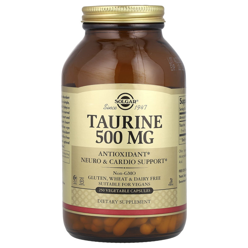Таурин, Taurine, Solgar, 500 мг, 250 вегетарианских капсул