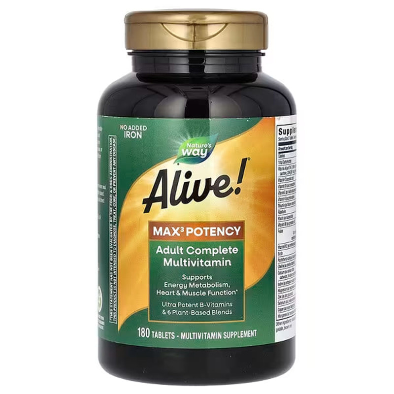 Мультивитамины без железа, Alive! Max3 Potency, Nature's Way, 180 таблеток