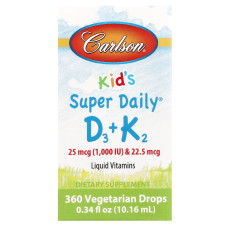 Вітамін D3 і вітамін К-2, для дітей, Super Daily D3 + K2, Carlson, рідина, 25 мкг (1000 МО) і 22,5 мкг, 10,16 мл