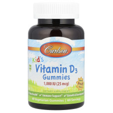 Вітамін D3 для дітей, Vitamin D3 Gummies, Carlson, натуральні фрукти, 25 мкг (1000 МО), 60 вегетаріанських жувальних цукерок
