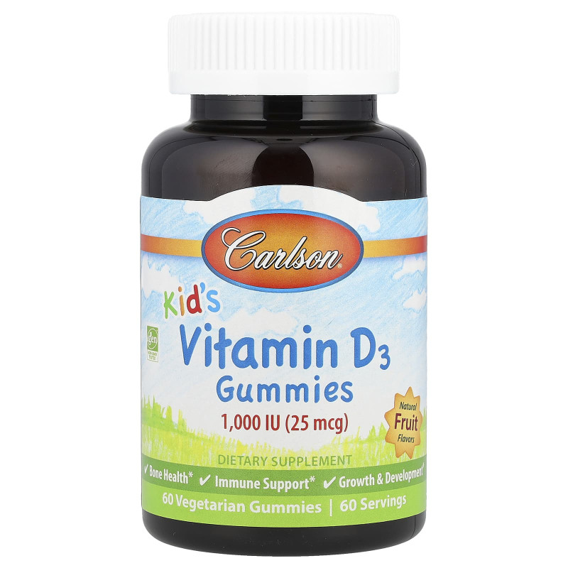 Вітамін D3 для дітей, Vitamin D3 Gummies, Carlson, натуральні фрукти, 25 мкг (1000 МО), 60 вегетаріанських жувальних цукерок