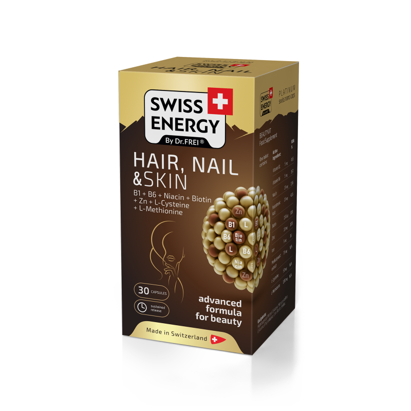 Здоровье кожи, волос и ногтей, HAIR, NAIL & SKIN B1+B6+Niacin+Biotin+Zn+L-Cys+L-Met, Swiss Energy, 30 капсул