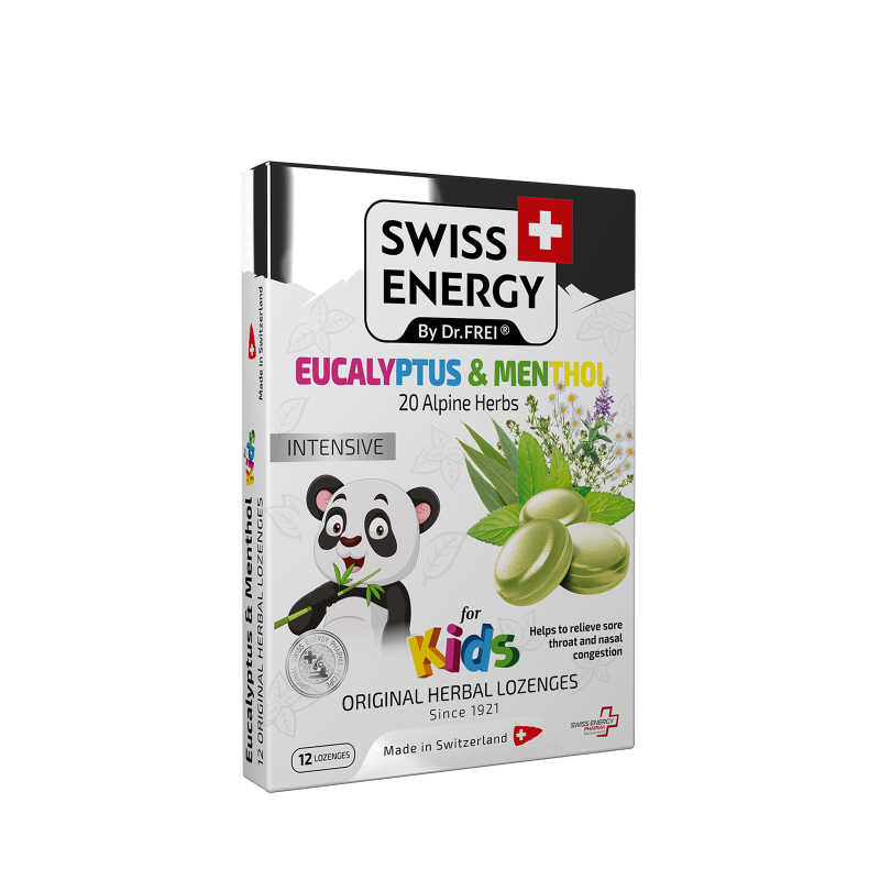 Леденцы от простуды, для детей, Herbal Lozenges Blister 20 herbs + Eucalyptus and Menthol for kids, Swiss Energy, от кашля, боли в горле и заложенности носа, 20 альпийский трав, ментол и эвкалипт, 12 травяных леденцов