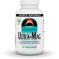 Магний ультра, Ultra-Mag, Source Naturals, 5-в-1, расслабляет мышцы и успокаивает нервы, 180 веганских капсул