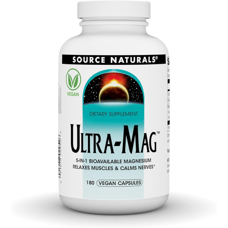 Магний ультра, Ultra-Mag, Source Naturals, 5-в-1, расслабляет мышцы и успокаивает нервы, 180 веганских капсул