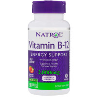 Витамин В12, вкус клубники, Vitamin B-12, Natrol, 5000 мкг, 100 таблеток