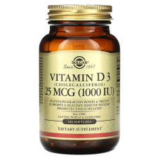 Витамин D3 (холекальциферол), Vitamin D3, Solgar, 25 мкг (1000 МЕ), 100 гелевых капсул