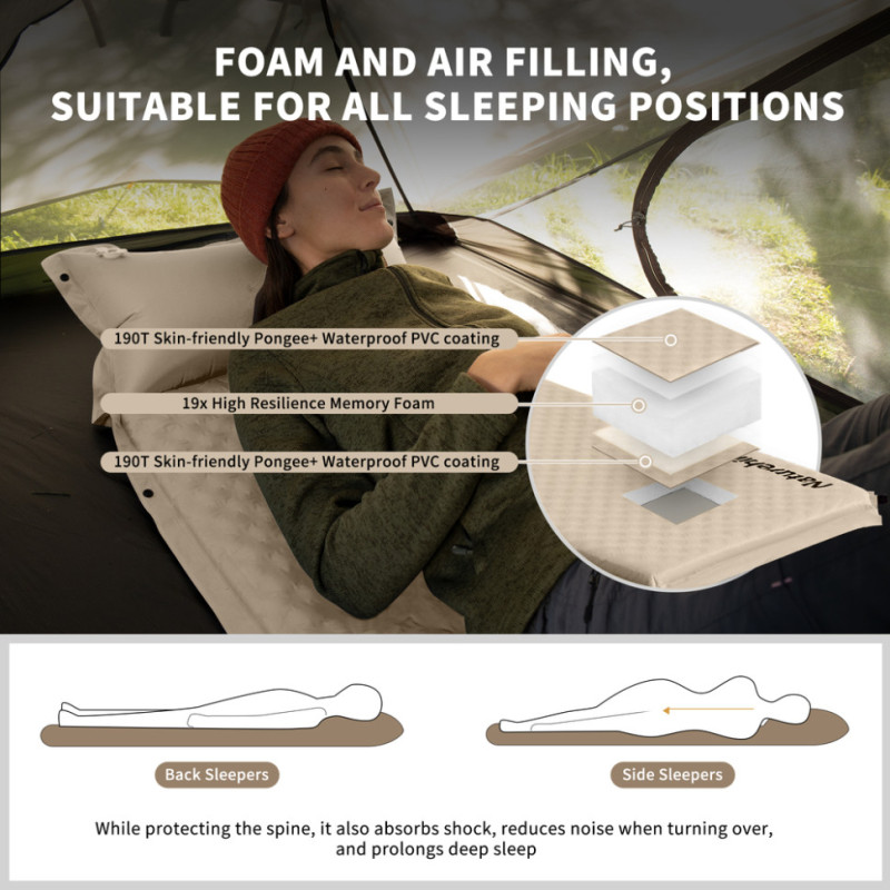 Матрац з подушкою ортопедичний одномісний Naturehike CNK2450WS020, самонадувний, 200х63х10 см, бежевий