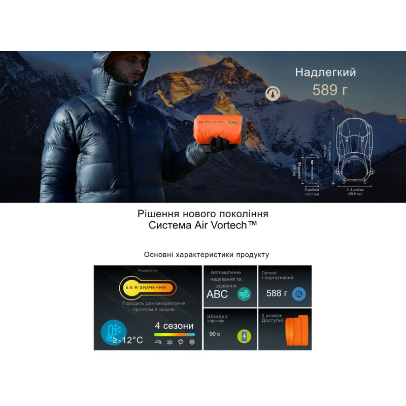 Килимок самонадувний Flextail Tiny Slleeping Pad R05 AVS, розмір L (196 х 55 х 7 см), помаранчевий