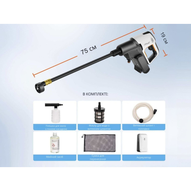 Акумуляторна мийка високого тиску, живлення від павербанку (УМБ Litheli Power Bank 20000 mAh, 45 W, 4А в комплекті)