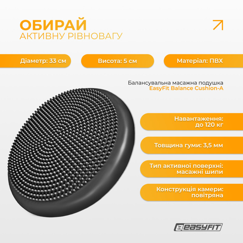 Балансировочная массажная подушка EasyFit, Диаметр 33 см, Максимальная нагрузка 120 кг, Резина, Черный