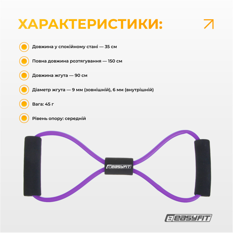 Еспандер EasyFit вісімка трубчастий, Довжина 90 см, TPR, Гума, Неопренові ручки, для фітнесу та реабілітації, Фіолетовий