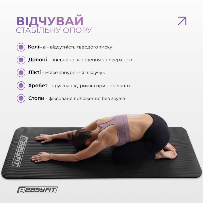 Коврик EasyFit для пилатеса и фитнеса, 180x60 см, толщина 10 мм, NBR, черный