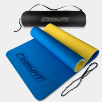 Двошаровий килимок EasyFit для пілатесу, фітнесу та йоги з чохлом, 183x61 см, товщина 6 мм, TPE/TC, ECO-Friendly, синьо-жовтий