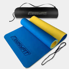 Двошаровий килимок EasyFit для пілатесу, фітнесу та йоги з чохлом, 183x61 см, товщина 6 мм, TPE/TC, ECO-Friendly, синьо-жовтий
