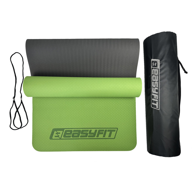 Двухслойный коврик EasyFit для пилатеса, фитнеса и йоги с чехлом, 183x61 см, толщина 6 мм, TPE/TC, ECO-Friendly, зелено-черный