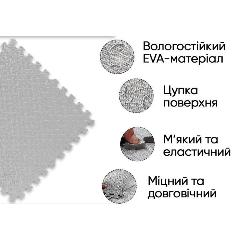 Татамі мат EasyFit SwallowTail (пазл ластівчин хвіст з бортиком), Розмір 120x120 см, Товщина 10 мм, EVA-піна, Сірий