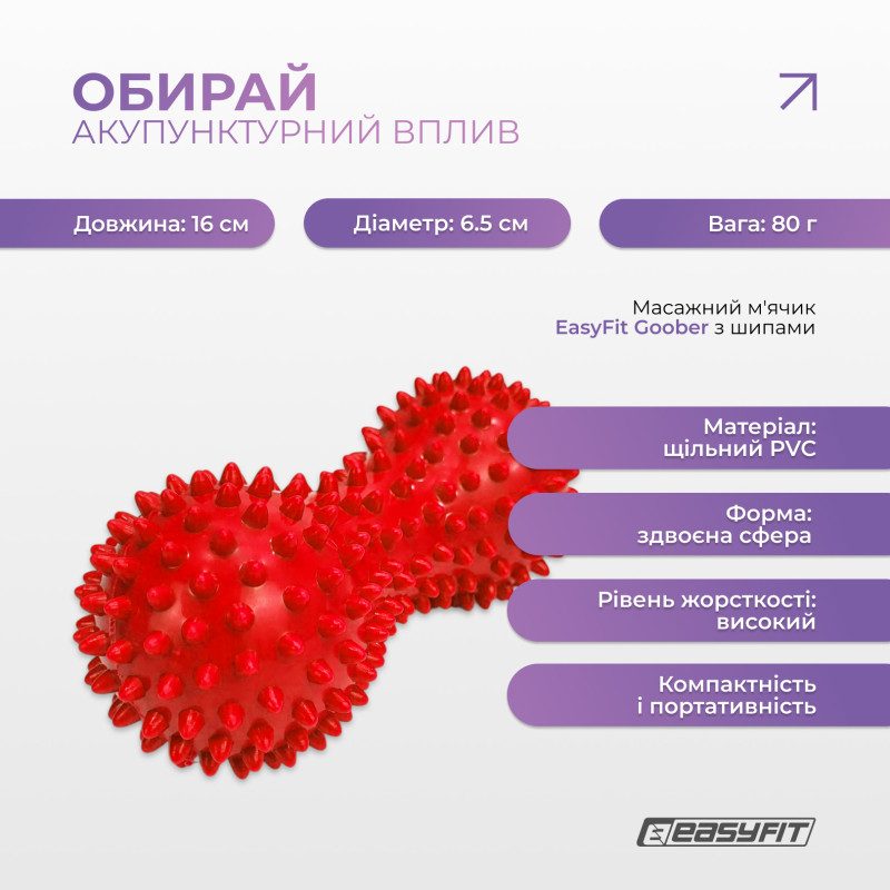 Масажний м'ячик EasyFit Goober з шипами, для МФР, зняття напруги та самомасажу, червоний