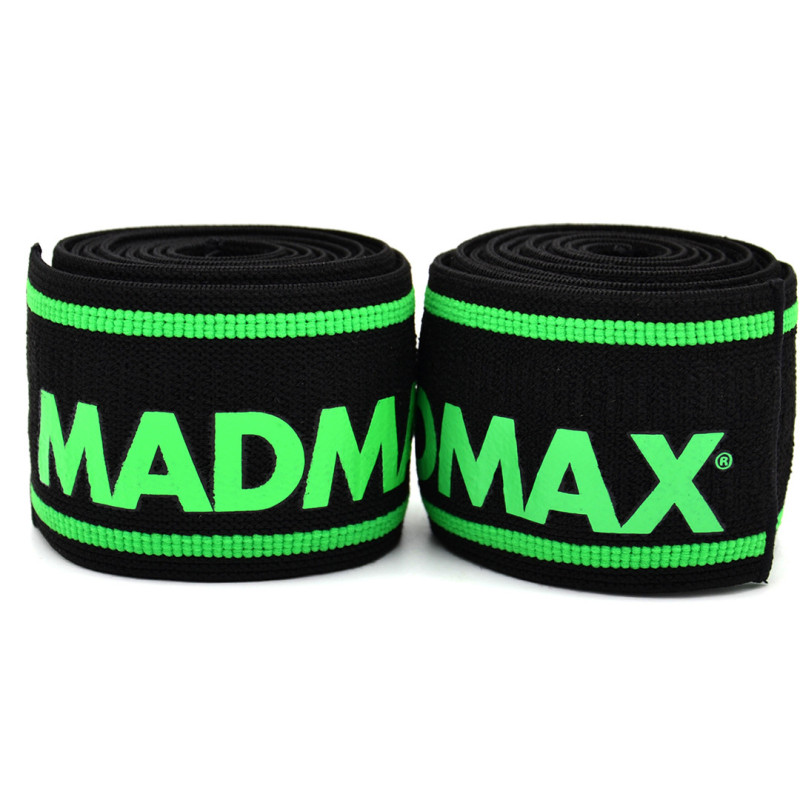 Бинты на колени MadMax MFA-299 Knee Wraps Black/Green, Технология Non slide&slip, Длина 2 м, Ширина 8 см, Хлопок PU, Спандекс, Черно-зеленый