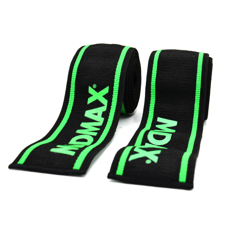 Бинты на колени MadMax MFA-299 Knee Wraps Black/Green, Технология Non slide&slip, Длина 2 м, Ширина 8 см, Хлопок PU, Спандекс, Черно-зеленый