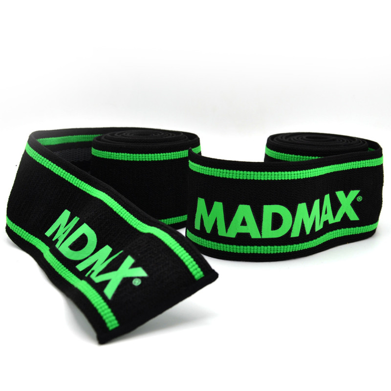 Бинты на колени MadMax MFA-299 Knee Wraps Black/Green, Технология Non slide&slip, Длина 2 м, Ширина 8 см, Хлопок PU, Спандекс, Черно-зеленый