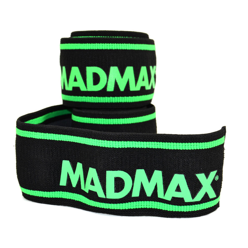 Бинты на колени MadMax MFA-299 Knee Wraps Black/Green, Технология Non slide&slip, Длина 2 м, Ширина 8 см, Хлопок PU, Спандекс, Черно-зеленый