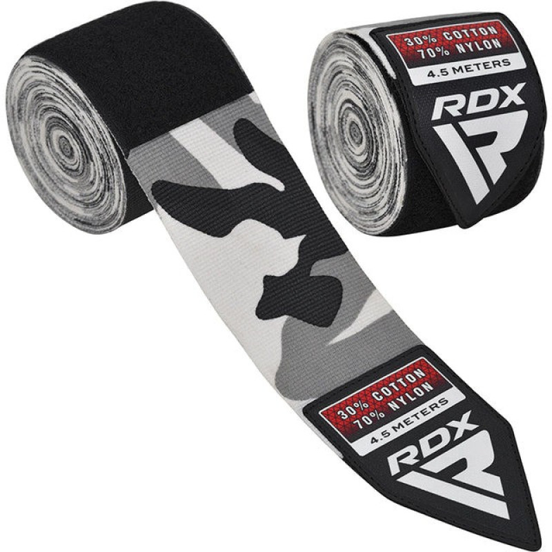 Бинты для бокса RDX WX Professional Boxing Hand Wraps Camo Grey, Комплектация: пара (2 бинта), Длина 4,5 м, Эластичные, Хлопок, Нейлон, Серый