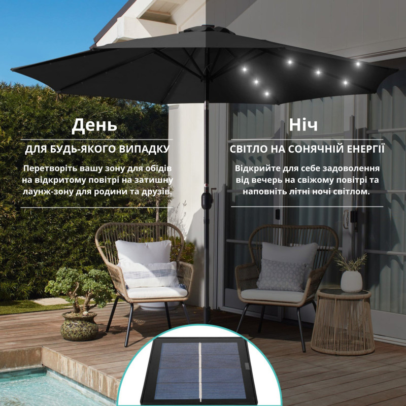 Зонт садовый 3 м с LED-подсветкой и солнечной панелью (черный)