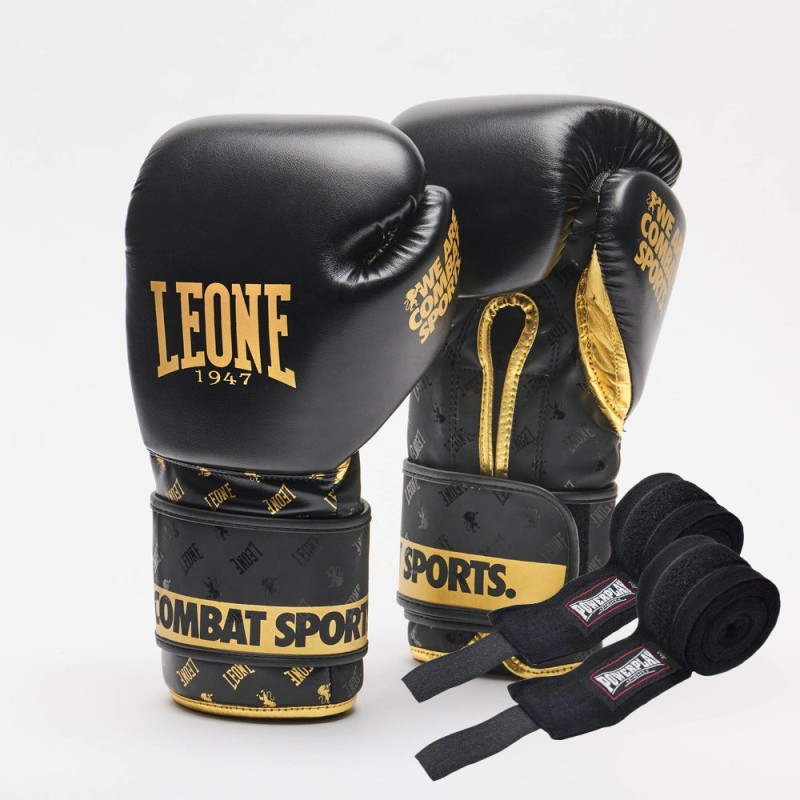 Боксерские перчатки Leone GN220 DNA Black (бинты 4 м. в комплекте), 10 унций, Натуральная кожа буйвола, Полиуретан, Черный