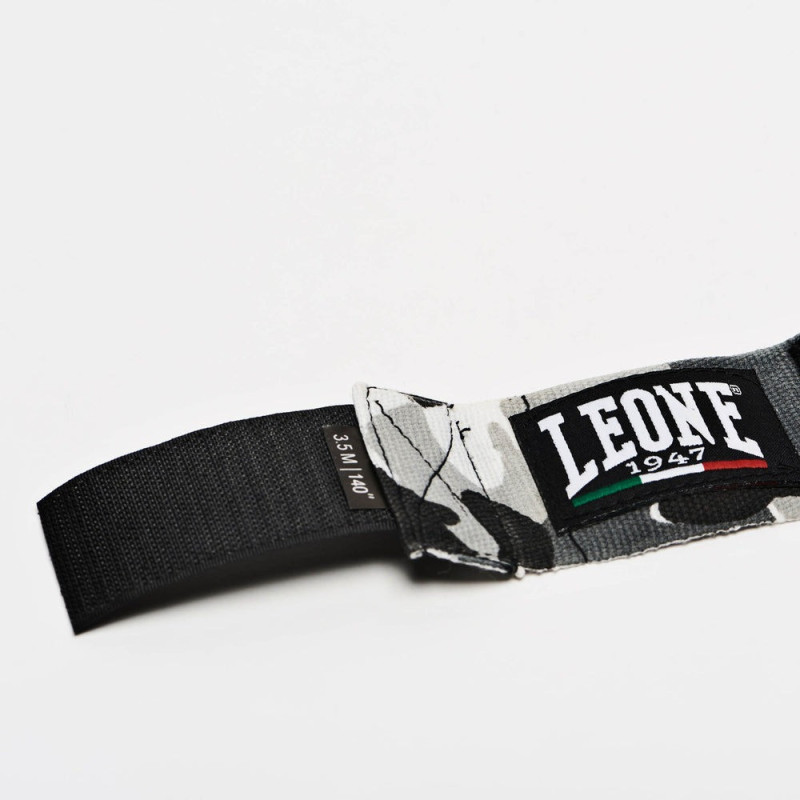 Бинти для боксу Leone AB705 Grey Mimetic, Комплект: 2 шт. з футляром, Довжина 3.5 м, Бавовна, Нейлон, Еластан, Сірий (камуфляж)