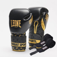 Боксерские перчатки Leone GN220 DNA Black (бинты 4 м. в комплекте), 10 унций, Натуральная кожа буйвола, Полиуретан, Черный