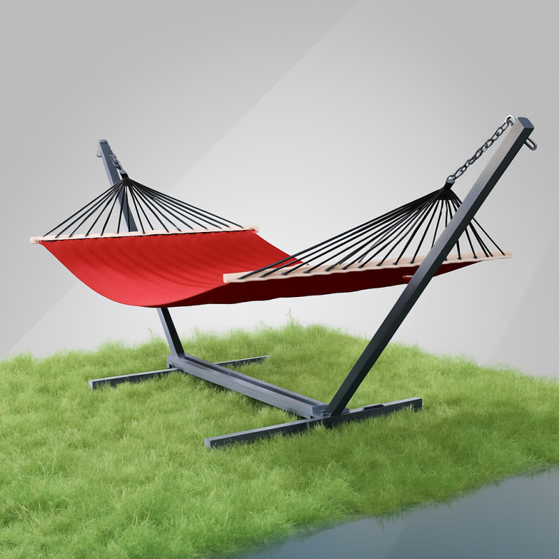 Стойка для гамака WCG + Гамак с планкой WISH красный двухместный XXL 200х150 WCG