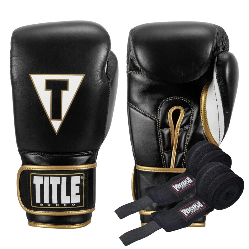 Боксерські рукавиці TITLE Boxeo Mexican Leather Quatro Black/White 16 oz (бинти 4м. в комплекті)