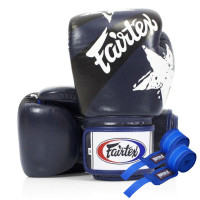 Боксерские перчатки Fairtex BGV1 Nation Print Blue (бинты в комплекте), Натуральная кожа, 14 унций, Синий