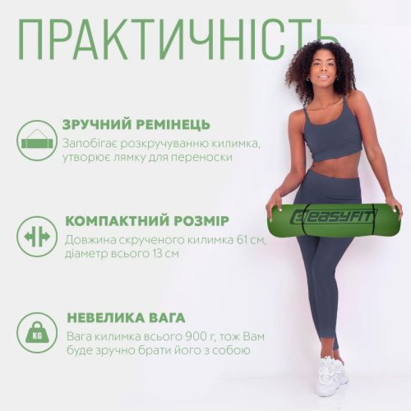 Килимок для йоги та фітнеса EasyFit TPE+TC 6мм двошаровий + Чохол зелений з чорним