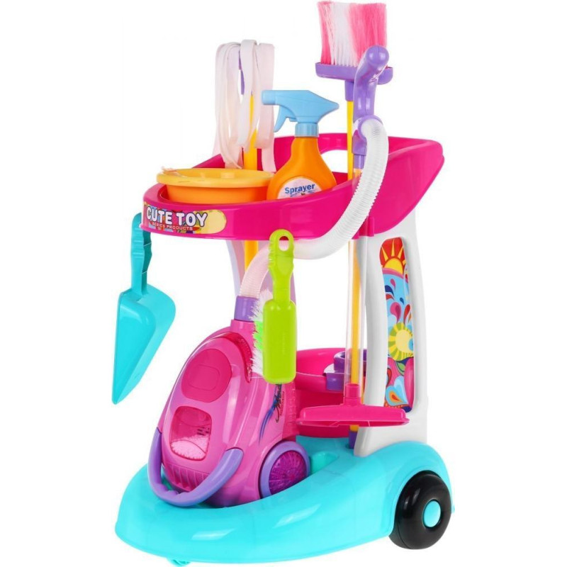 Візок для прибирання великий дитячий 3+ Інтерактивний пилосос + Швабра Мітла Совок + Аксесуари 10 шт.