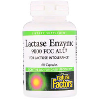 Энзим Лактазы, фермент Лактаза, Natural Factors, 9000 FCC ALU, 60 Капсул