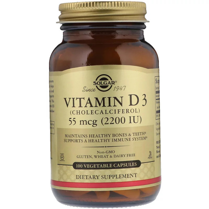Витамин D3, Vitamin D3, 55 мкг (2200 МЕ), Solgar, 100 вегетарианских капсул